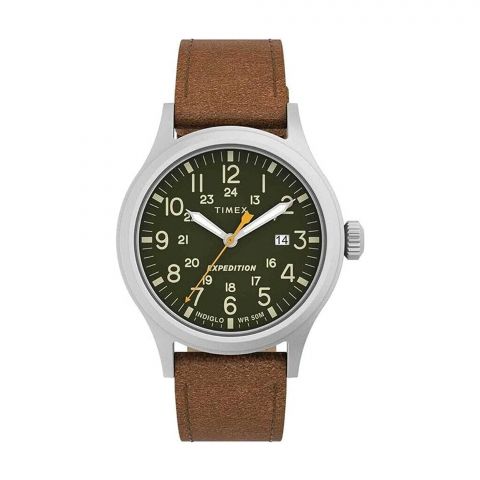Timex Men's Chrome Round Dial & Green Background With Plain Brown Strap Analog Watch, TW4B23000