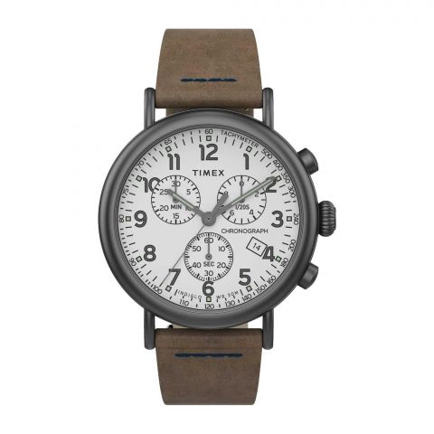 Timex Men's Indiglo WR30M Grey Round Dial With White Background & Plain Brown Strap Chronograph Watch, TW2T69000