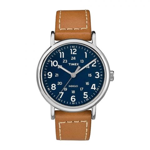 Timex Men's Indiglo Chrome Round Dial With Navy Blue Dial & Plain Brown Strap Analog Watch, TW2R42500