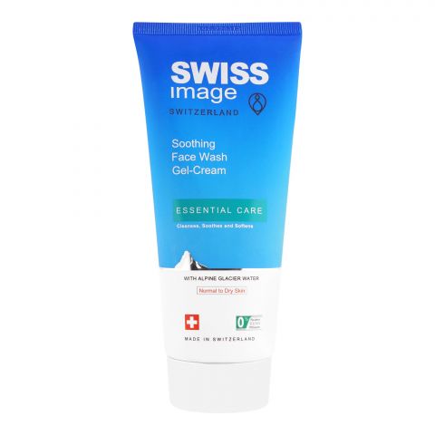 Swiss Image Switzerland Essential Care Soothing Face Wash Gel-Cream, Cleanses, Soothes & Softens With Alpine Glacier Water, Normal To Dry Skin, 200ml