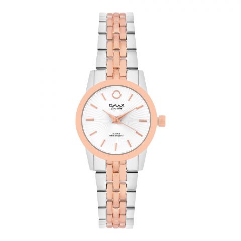 Omax Women's White Round Dial With Pink Case & Two Tone Bracelet Analog Watch, HSA066N018