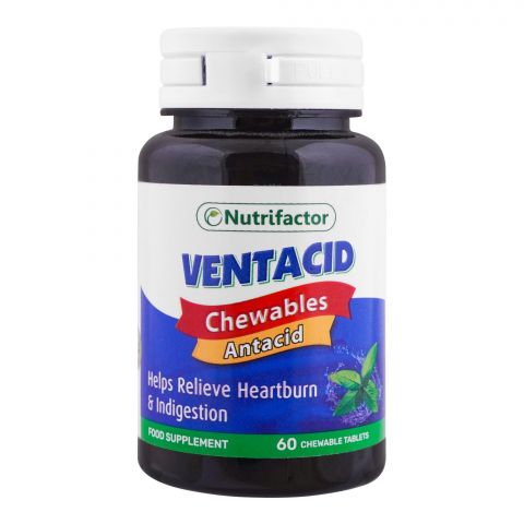 Nutrifactor Ventacid Chewable Food Supplement Tablets, Helps Relieve Heartburn & Indigestion, 60-Pack