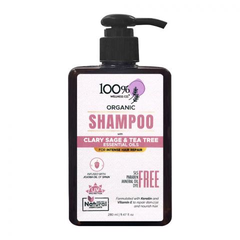 100% Wellness Co Clary Sage & Tea Tre Organic Shampoo, For Intense Hair Repair, 280ml