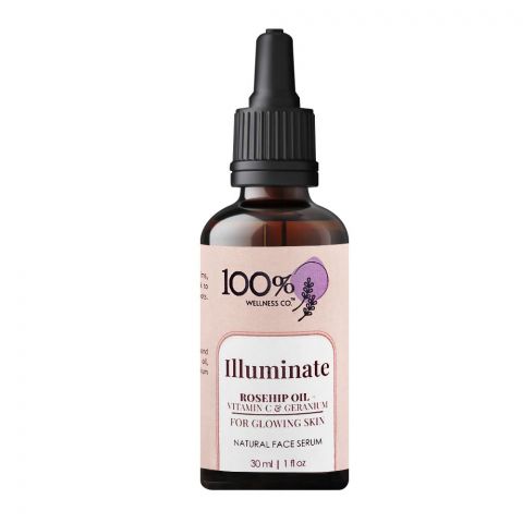 100% Wellness Co Illuminate Rosehip Oil Vitamin C Natural Face Serum, For Glowing Skin, 30ml