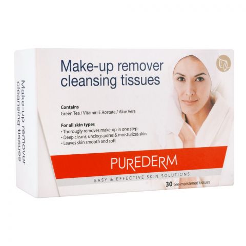 Purederm Make-Up Remover Cleansing Tissues, Easy & Effective Skin Solutions, 30-Pack