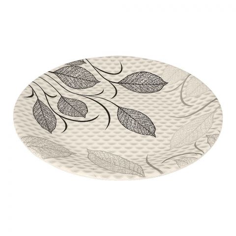 Sky Melamine Leaf-Print Flat Plate, Grey, 10 Inches, Elegant Tableware, Durable Design
