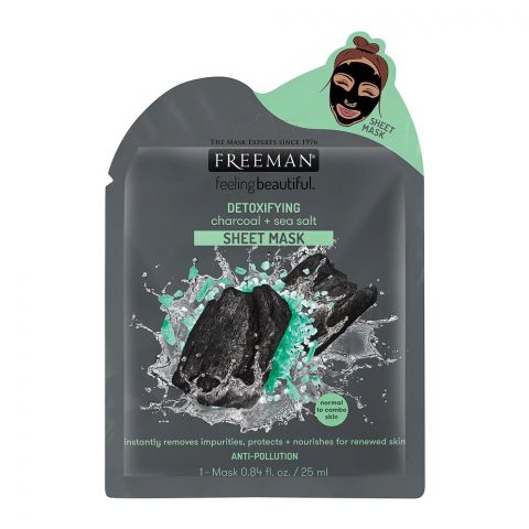Freeman Detoxifying Charcoal + Sea Salt Sheet Mask, Instant Removes Impurities, Protects & Nourishes For Renewed Skin, Anti-Pollution, 25ml
