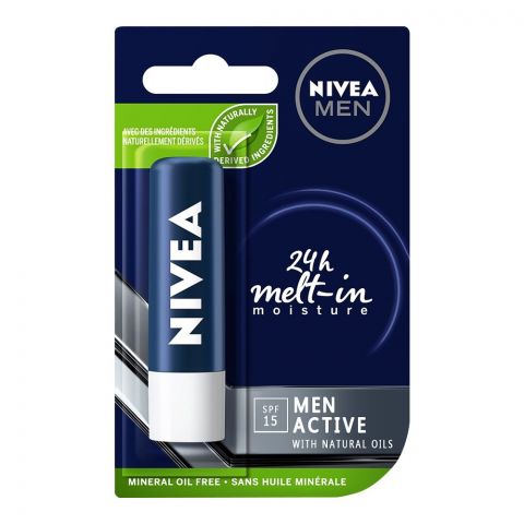 Nivea 24 Hours Melt-In Moisture Men Active SPF15 Lip Balm, 4.8g