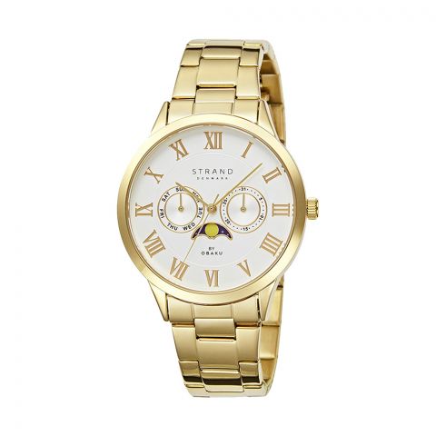 Obaku Women's Strand Denmark White Round Dial With Yellow Gold Bracelet Chronograph Watch, S728GMGISG