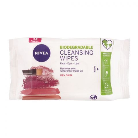 Nivea Biodegradable Face-Eyes-Lips Dry Skin Cleansing Wipes, Removes Even Waterproof Makeup, 25-Pack