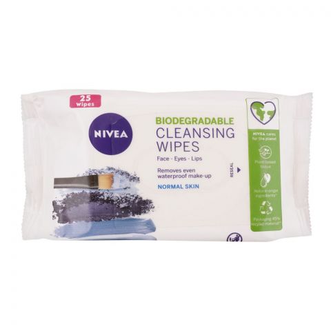 Nivea Biodegradable Face-Eyes-Lips Normal Skin Cleansing Wipes, Removes Even Waterproof Makeup, 25-Pack