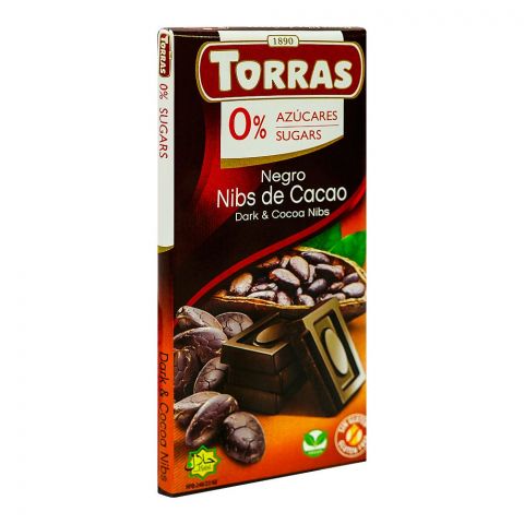 Torras Sugar Free Dark & Cocoa Nibs Chocolate, 75g