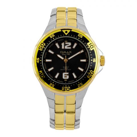 Omax Men's Yellow & Black Round Dial With Two Tone Bracelet Analog Watch, DBA653NB02