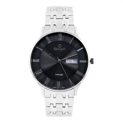 Omax Men's Black Round Dial With Silver Bracelet Analog Watch, VG03N99I