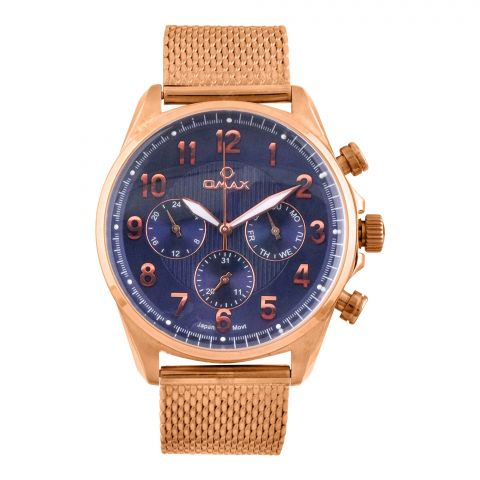 Omax Men's Navy Blue Round Dial With Rust Gold Case & Bracelet Chronograph Watch, VC05R48I