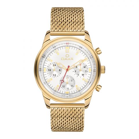Omax Men's White Round Dial With Yellow Gold Bracelet Chronograph Watch, VC01-Gold