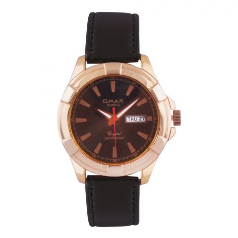 Omax Men's Rust Gold Round Case With Plain Black Strap Analog Watch, DLZ079