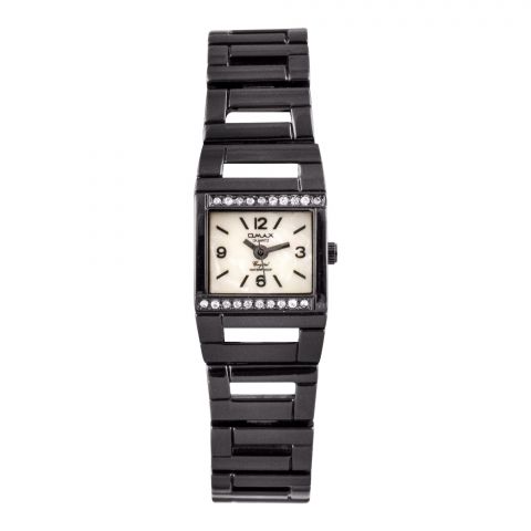 Omax Women's Crystal Square Dial With Black Bracelet Analog Watch, JHE404M040