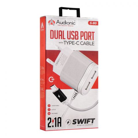 Audionic 2.1A Swift Type-C Cable Dual USB Port Charger, S-80