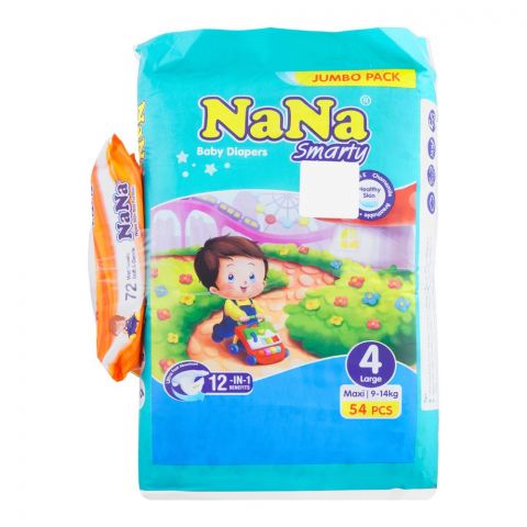 Nana Smarty Baby Diapers Maxi, No. 4, Large, 9-14 KG, 54-Pack