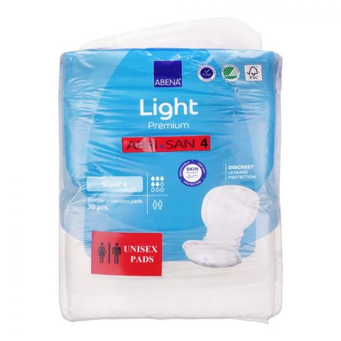 Abena Light Premium Abri San 4 Bladder Protection Super 4 Pads, For Men & Women, 30-Pack
