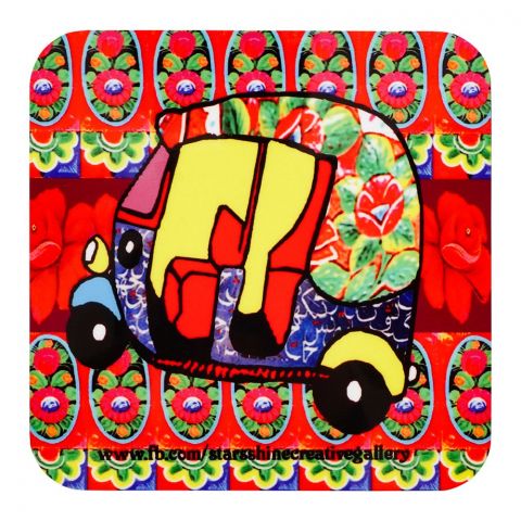 Star Shine Truck Art, Rickshaw 02 3.5x3.5 Inch Wooden Coaster, WTM11