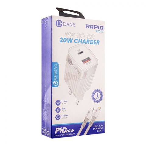 Dany Rapid PD+QC3.0 20W Dual Port Charger + Type-C To Lightening Cable, R20-TI