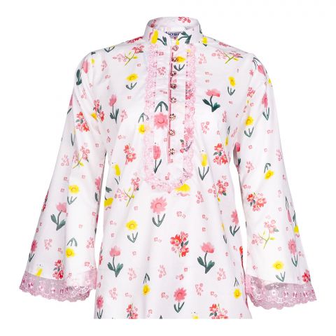 Basix Women's Loungewear Lawn Vanila White & Pink Flora Shirt, LS-502