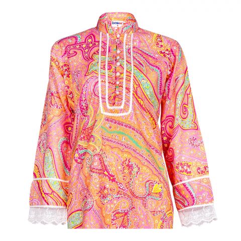Basix Women's Loungewear Lawn Multi Shades Of Pink Shirt With Net Laces & Button, LS-503