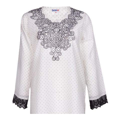 Basix Women's Loungewear Embroidered Vanilla White Lawn Shirt With Black Net, LS-504