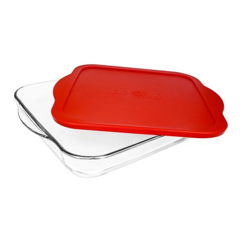 Borcam Square Tray With Red Plastic Lid, Ovenware, Glassware & Dishware, 12.5 X 11.12 X Inches, 59034-49