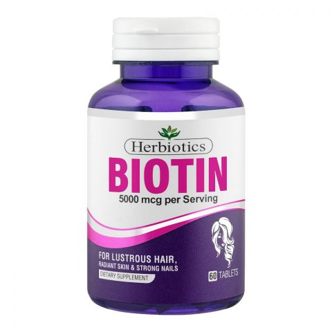 Herbiotics Biotin 5000mcg, Lustrous Hair, Radiant Skin & Strong Nails, Dietary Supplement, 60-Pack