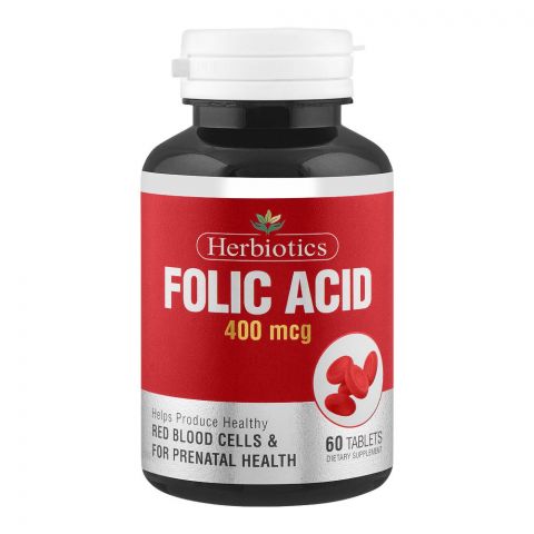 Herbiotics Folic Acid 400mcg, Helps Produces Red Blood Cells & Prenatal Health, Dietary Supplement, 60-Pack