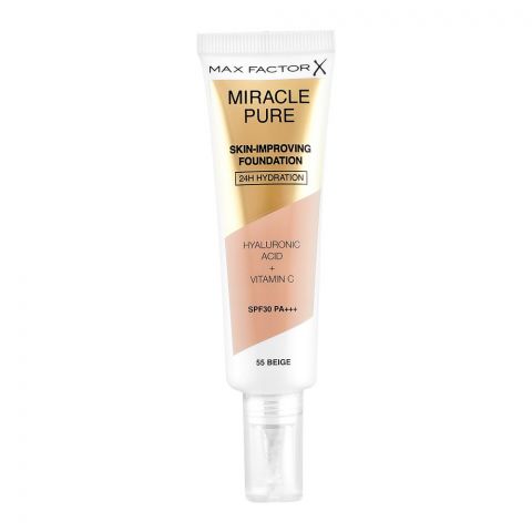 Max Factor Miracle Pure 24 Hours Hydration Hyaluronic Acid + Vitamin C Skin-Improving Foundation, 55 Beige, 30ml