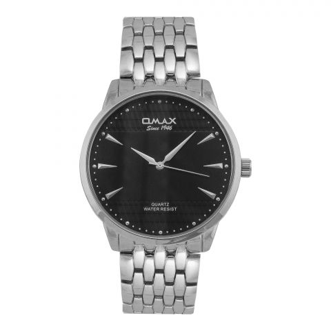 Omax Men's Silver Round Dial With Black Background & Silver Chain Analog Watch, HSC027P002