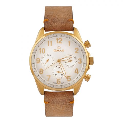 Omax Men's Golden Round Dial With White Background & Plain Brown Strap Chronograph Watch, VC04G35I