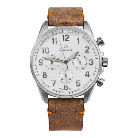Omax Men's Silver Round Dial With White Background & Textured Brown Strap Chronograph Watch, VC04P65I