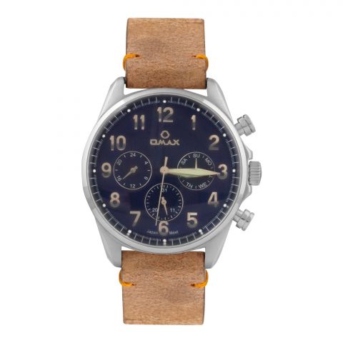 Omax Men's Chrome Round Dial With Navy Blue Background & Brown Strap Chronograph Watch, VC04P25I-BL