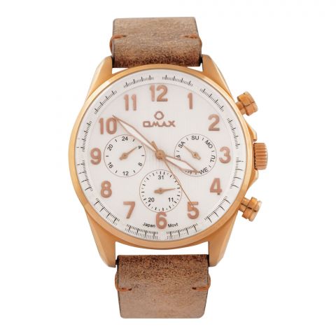 Omax Men's Rust Gold Round Dial With White Background & Brown Strap Chronograph Watch, VC04R35I