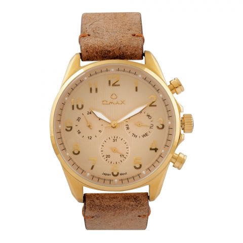 Omax Men's Golden Round Dial & Background With Brown Strap Chronograph Watch, VC04G35Y