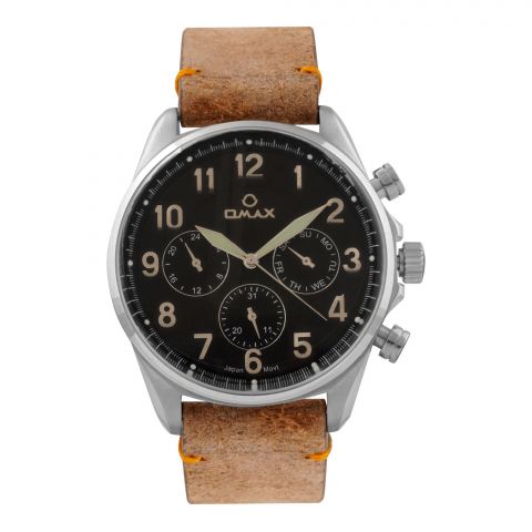 Omax Men's Chrome Round Dial With Black Background & Brown Strap Chronograph Watch, VC04P25I-B