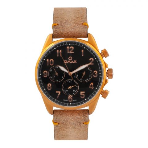 Omax Men's Rust Gold Round Dial With Black Background & Brown Strap Chronograph Watch, VC04R25I