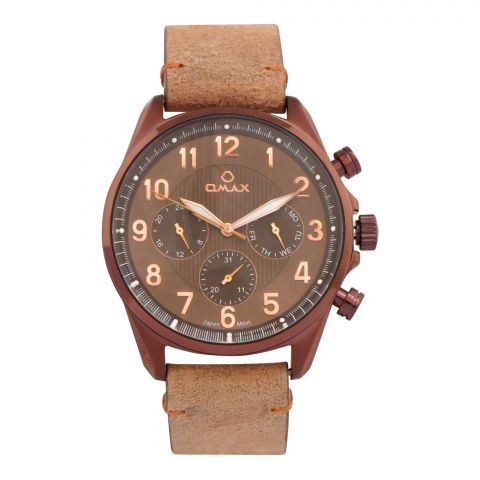 Omax Men's Maroon Round Dial With Brown Background & Strap Chronograph Watch, VC04F55I