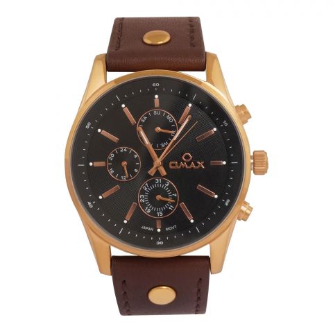 Omax Men's Rust Gold Round Dial With Black Background & Dark Brown Strap Chronograph Watch, 28SM