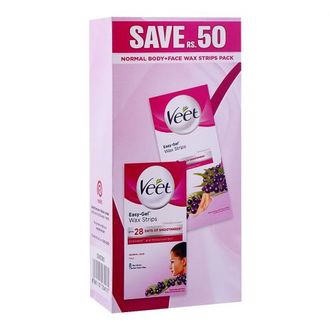 Veet Easy-Gelwax Shea Butter & Acai Berries Scent Normal Skin Body + Face Wax Strips Pack, Save Rs.50/-