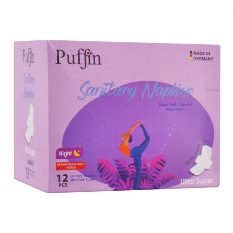 Puffin Sanitary Napkins Night Ultra Super Pads, 12-Pack