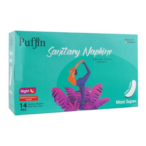 Puffin Sanitary Napkins Night Extra Long Maxi Super Pads, 14-Pack