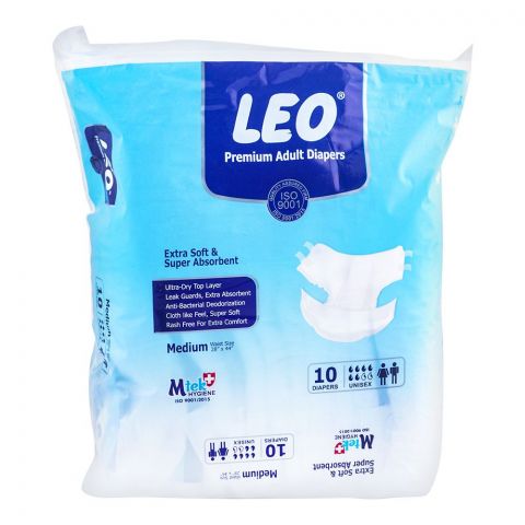 Leo Premium Adult Diapers Medium, 28 x 44 Inches, 10-Pack