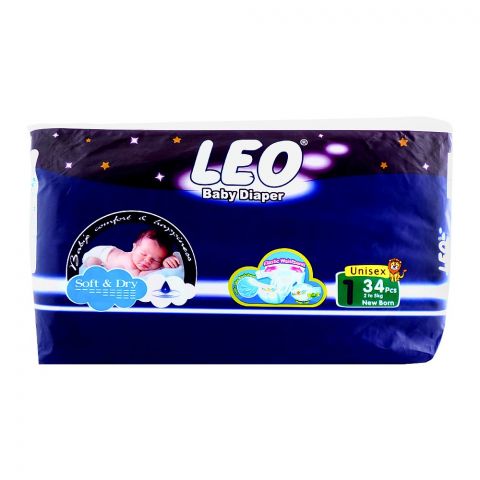 Leo Soft & Dry Baby Diaper Newborn, 2 to 5 KG, 34-Pack