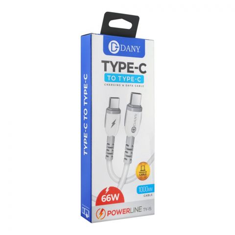 Dany Powerline Type-C To Type-C Charging & Data Cable, White, TY-15